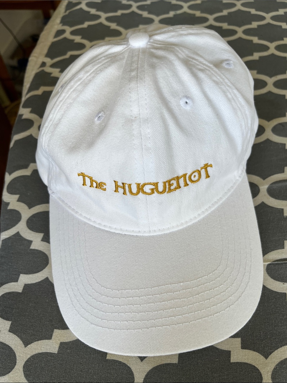 Vintage "Huguenot" White Six-Panel Twill Cotton Baseball Cap w/ Gold Embroidery